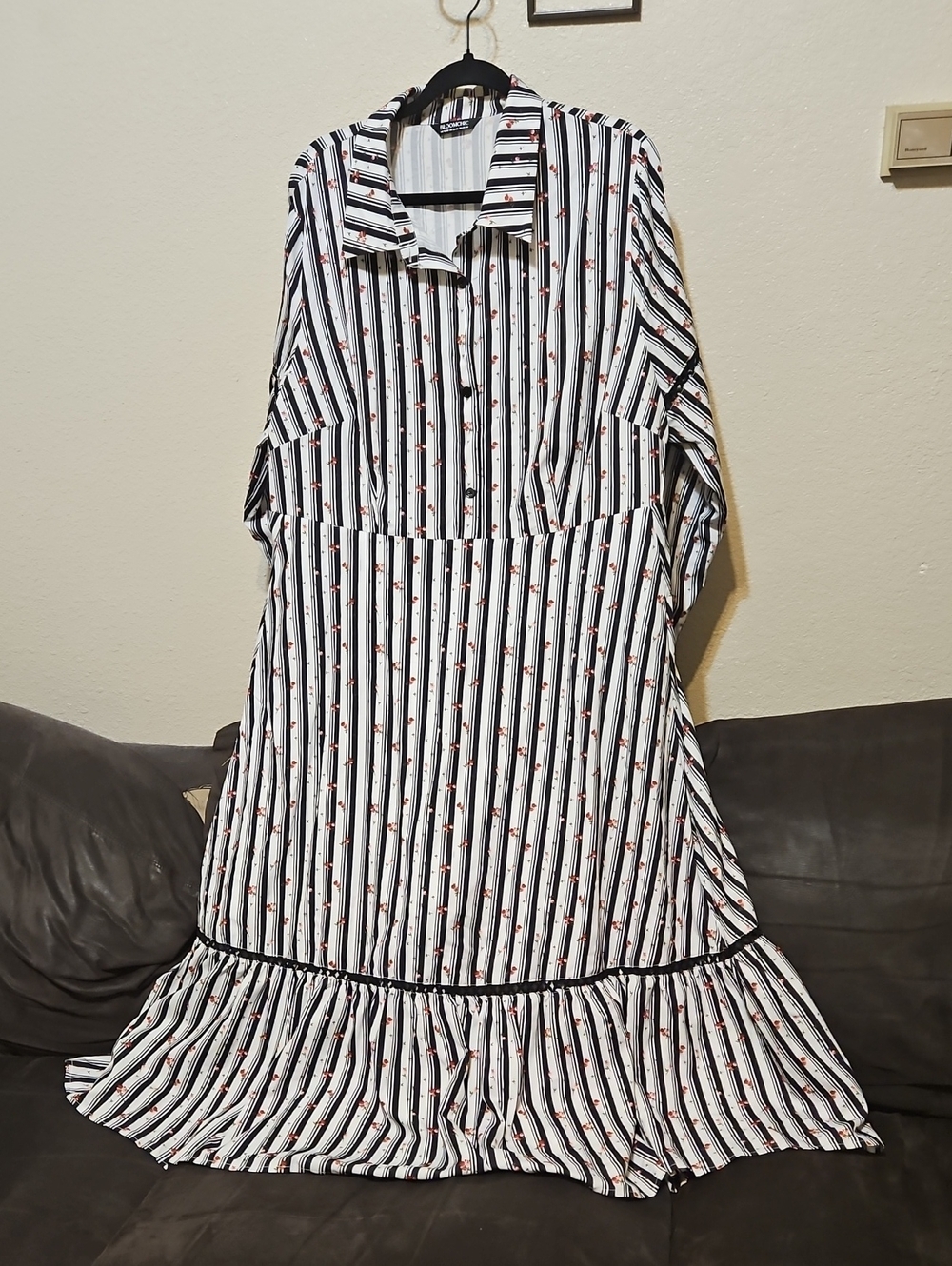 BloomChic Black & White Striped Maxi Dress with Red Floral Detail